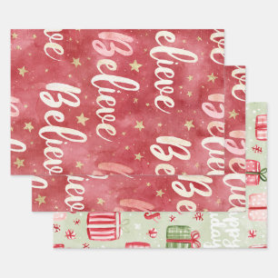 Red Gold Stars Pink White Believe Christmas Wrapping Paper Sheet