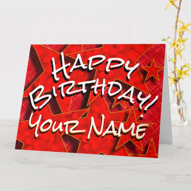 Red Gold Stars Your Name Happy Birthday Card (Yellow Flower)