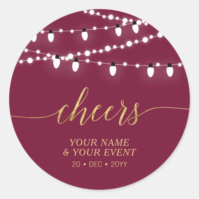 Red & Gold String Lights Cheers Event Favour Gift Classic Round Sticker (Front)