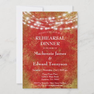 Red Gold String Lights Rehearsal Dinner Invitation