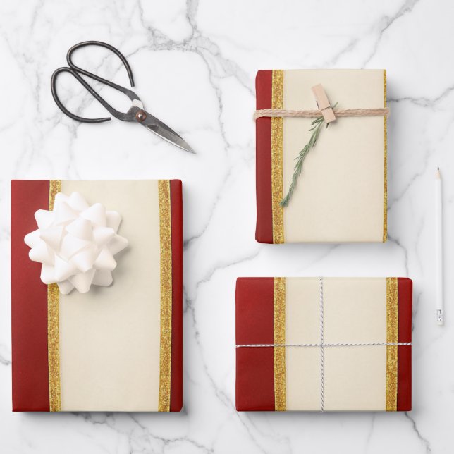 Red Gold Stripe Pattern – Modern Christmas Wrapping Paper Sheet (Front)