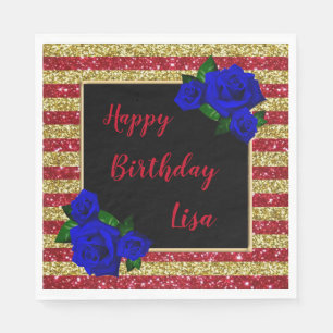 Red Gold Stripes Glitter Deep Blue Roses Birthday Napkin