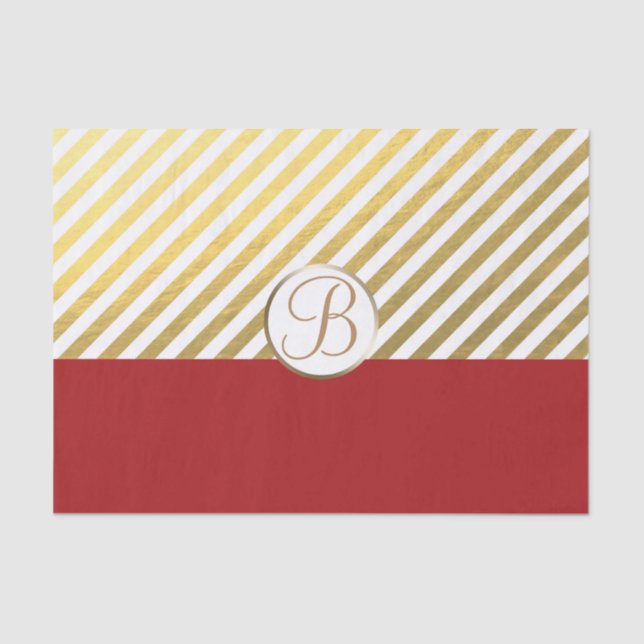 Red Gold Stripes Holiday Monogram Letter Initial Tissue Paper (Front)