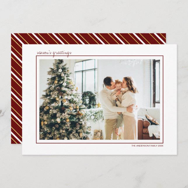 Red & Gold Stripes Season's Greetings Photo Holida Holiday Card (Front/Back)