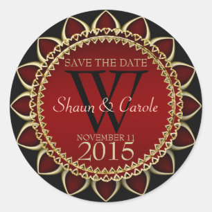 Red Gold Sunflower Monogram Save the Date Sticker