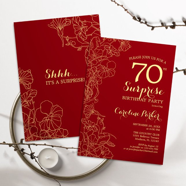 Red Gold Surprise 70th Birthday Party Invitation (Creator Uploaded)