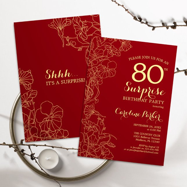Red Gold Surprise 80th Birthday Party Invitation (Creator Uploaded)