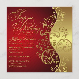 Red &  Gold Surprise Birthday Party Invitation