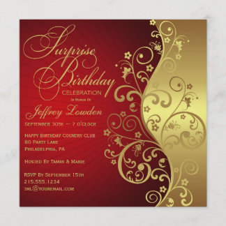 Red & Gold Surprise Birthday Party Invitation
