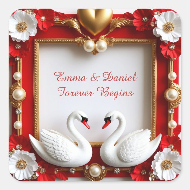 🦢 Red Gold Swan Pearl Wedding Theme 💍 Square Sticker (Front)