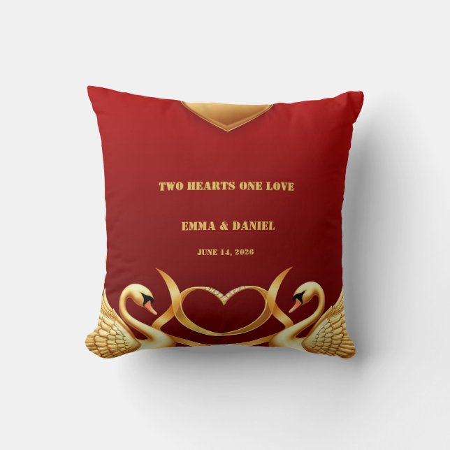 Red Gold Swan Wedding Couple Decor 💍 Cushion (Front)
