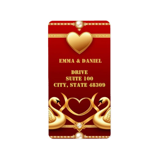 Red Gold Swan Wedding Couple Decor 💍 Label (Front)