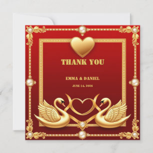 Red Gold Swan Wedding Couple Decor 💍 Thank You Card