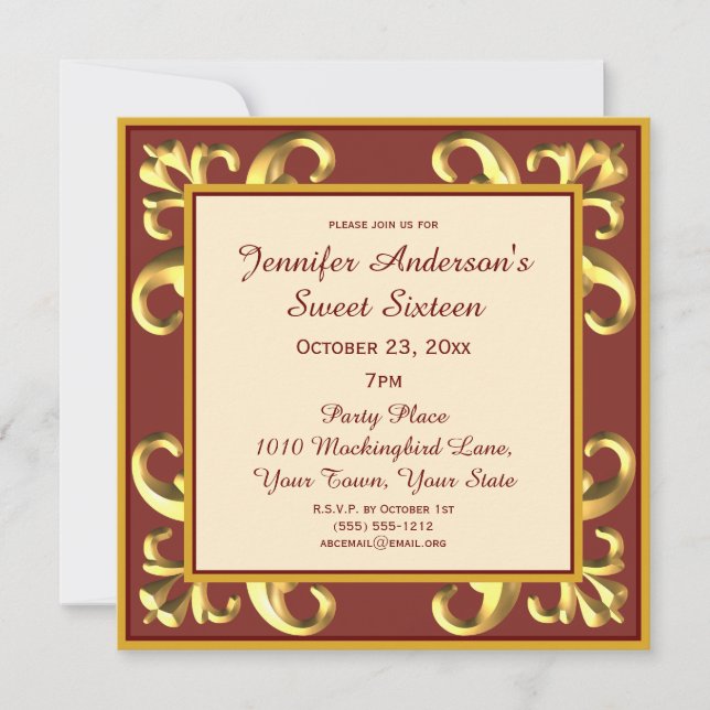 Red Gold Sweet Sixteen Invitation (Front)