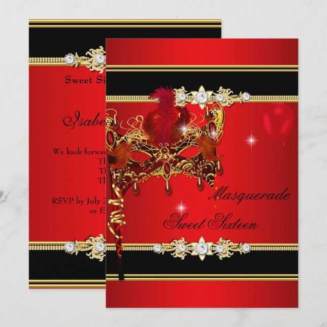 Red Gold Sweet Sixteen Sweet 16 Masquerade 2 Invitation (Front/Back)