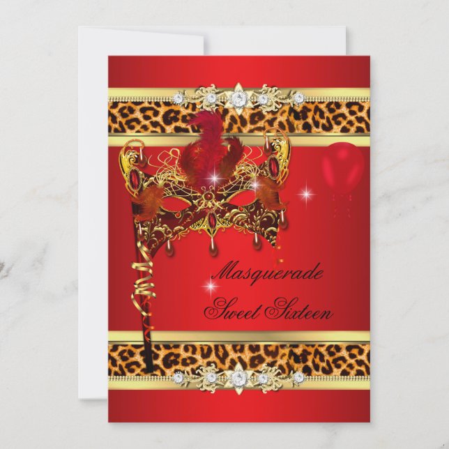 Red Gold Sweet Sixteen Sweet 16 Masquerade Leopard Invitation (Front)