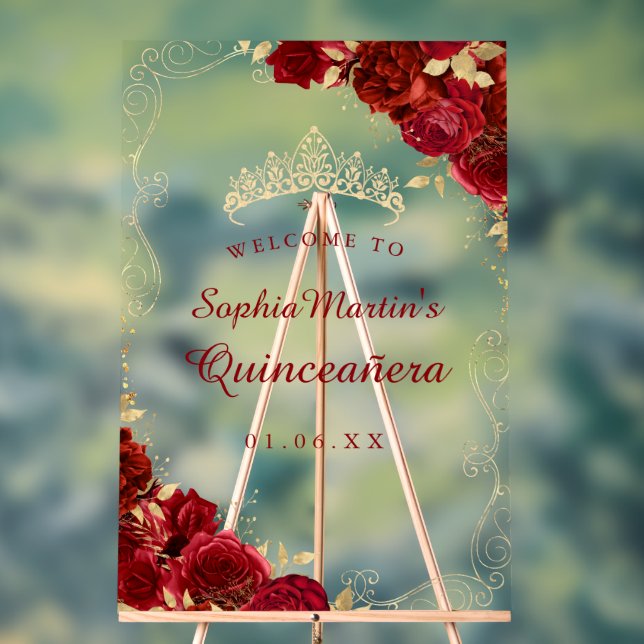 Red Gold Swirl Floral Quinceanera Acrylic Sign (Neutral)