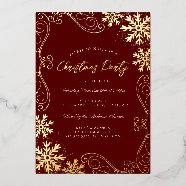 Red Gold Swirl Snowflake Christmas Party (Front)
