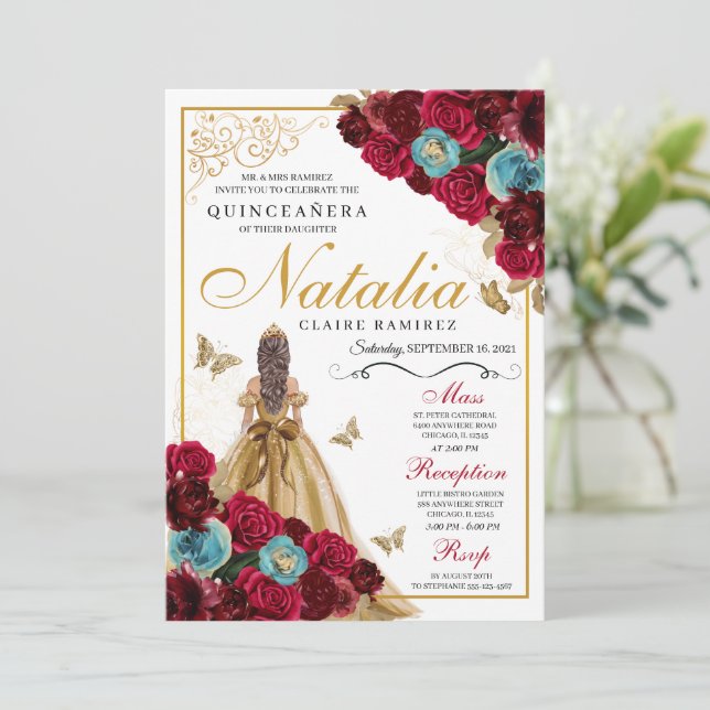 Red Gold Teal Floral Quinceanera Birthday Invitation (Standing Front)