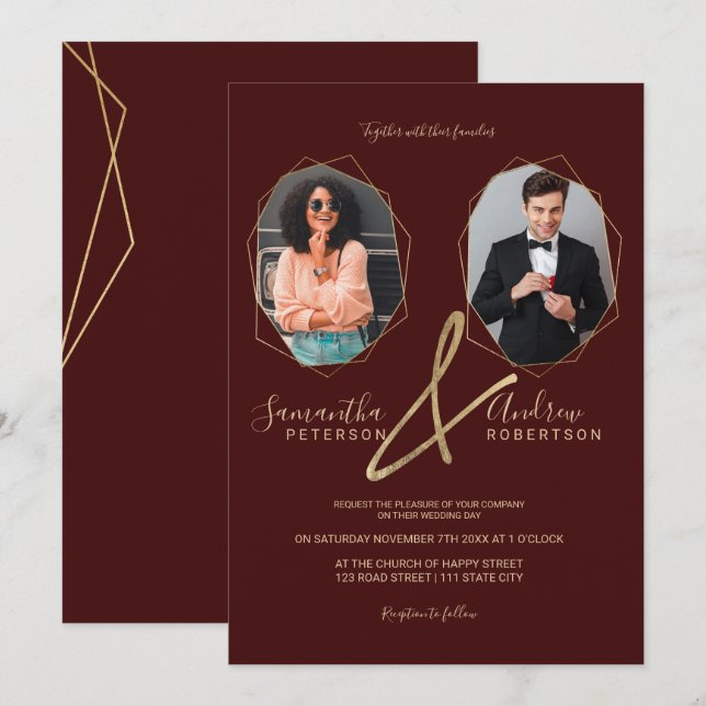 Red gold terrarium frame portrait photo wedding invitation (Front/Back)