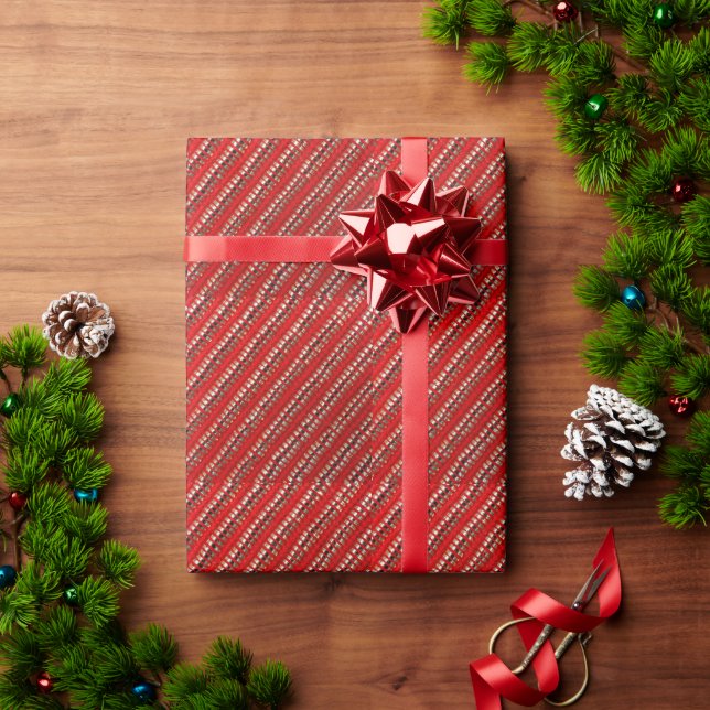 Red & Gold Thin Diagonal Stripe Fabric Texture  Wrapping Paper (Holiday Gift)