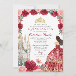 Red Gold Tiara Princess Quinceañera Invitation