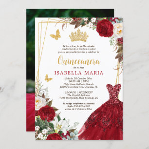 Red Gold Tiara Quinceañera Invitation in Spanish