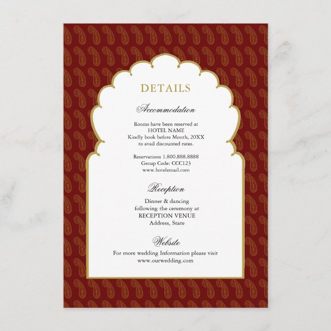 Red & Gold Traditional Indian wedding details Enclosure Card (Front)