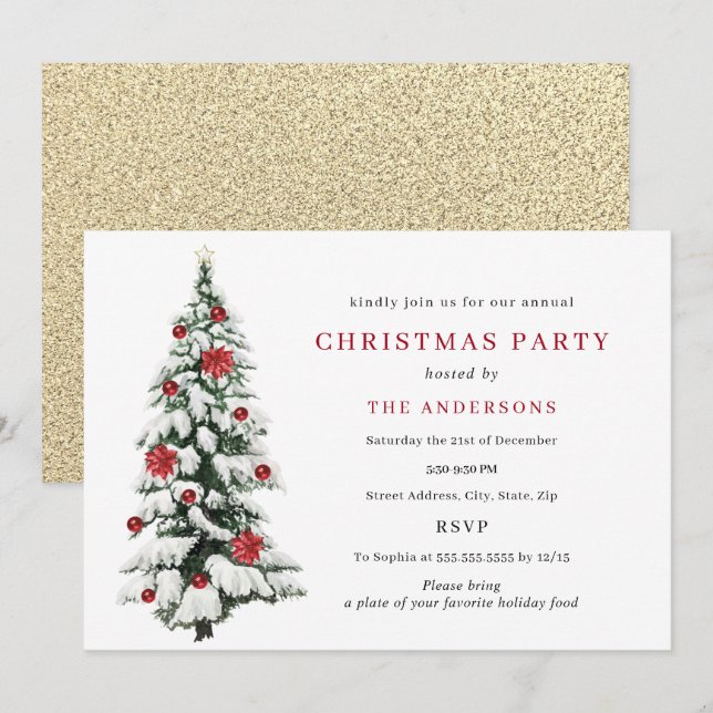 Red Gold Traditional Tree Christmas Party  Invitat Invitation (Front/Back)