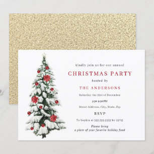 Red Gold Traditional Tree Christmas Party  Invitation
