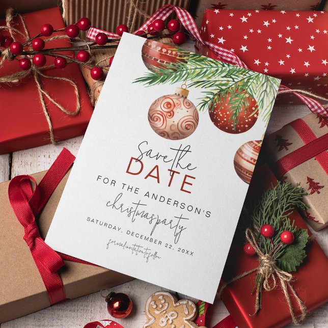 Red & Gold Tree Ornaments | Christmas Party Save The Date (Creator Uploaded)