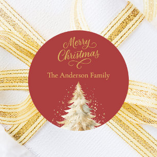 Red gold tree snow Christmas Classic Round Sticker