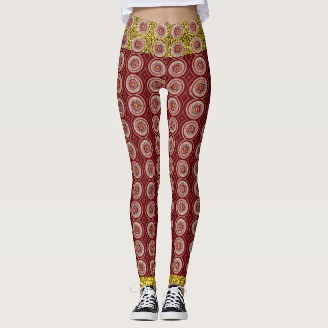 Red Gold Trendy Colourful Abstract Leggings (Front)