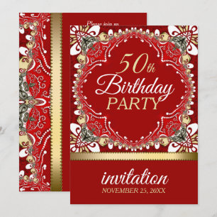 Red+Gold Tropical 50th Birthday Party Invitations