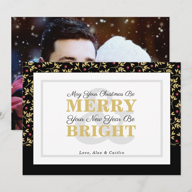Red & Gold Typography Holiday Pattern Photo Card (Front/Back)