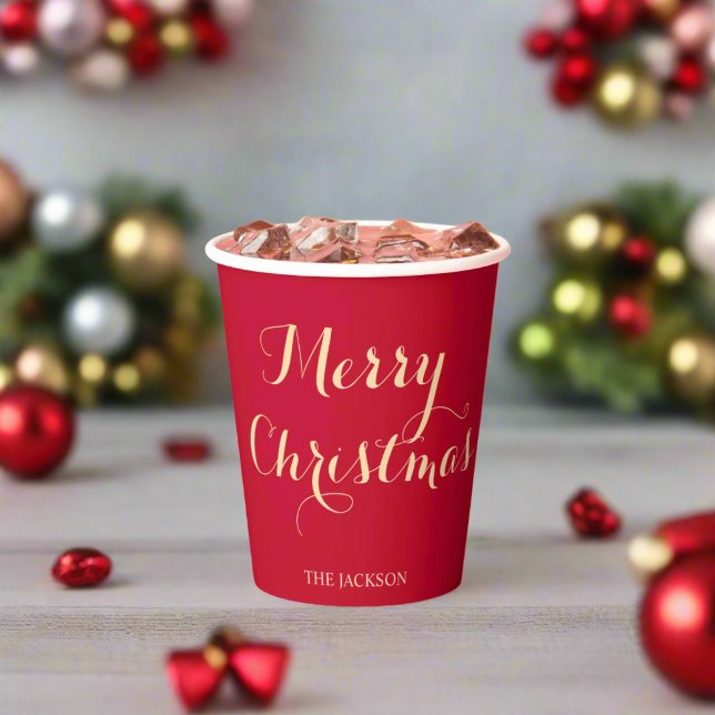Red & Gold Typography Merry Christmas Family Paper Cups (Creator Uploaded)