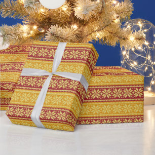 Red Gold Ugly Sweater Knitted Christmas Snowflakes Wrapping Paper