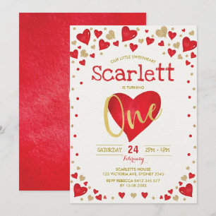 Red Gold Valentines Sweetheart 1st Birthday Invitation