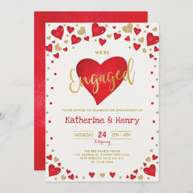 Red Gold Valentines Sweetheart Engagement Party Invitation (Front/Back)