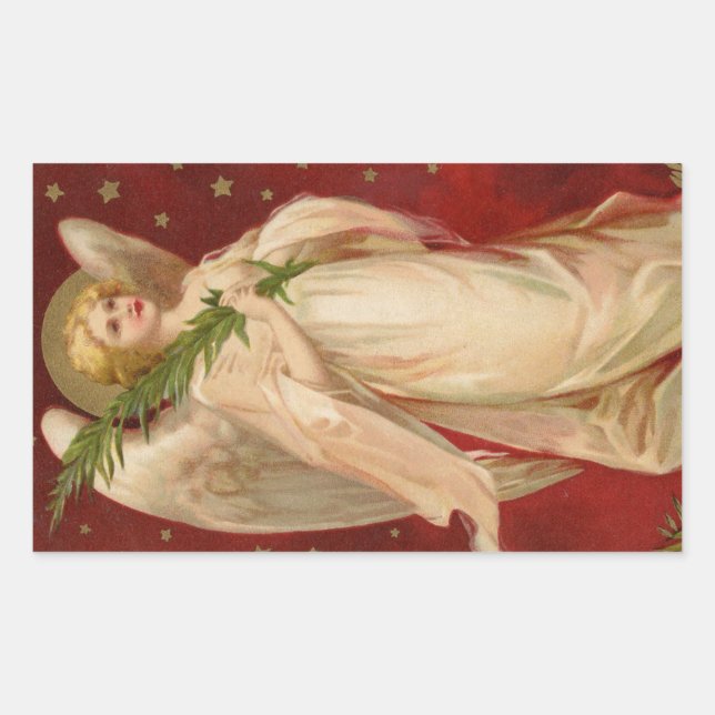 Red Gold Victorian Christmas Angel Rectangular Sticker (Front)