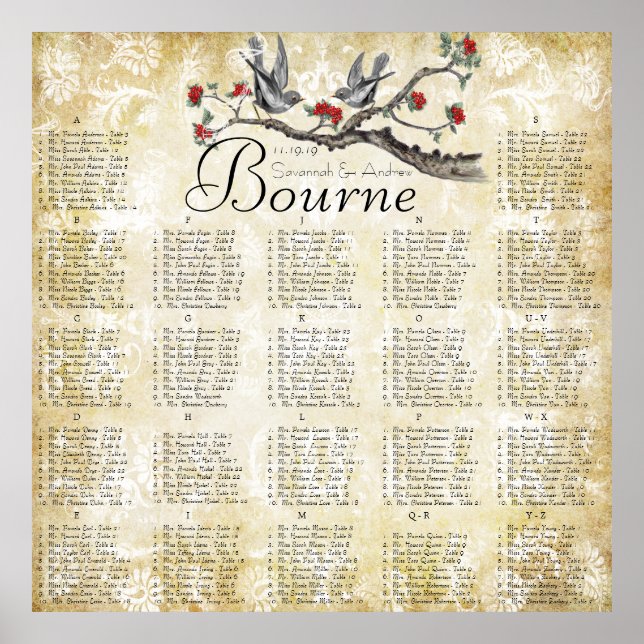 Red & Gold Vintage Birds Reception Seating Chart (Front)