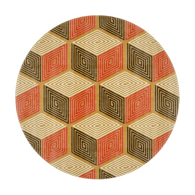 Red Gold Vintage Cube Pattern Cutting Board (Front)