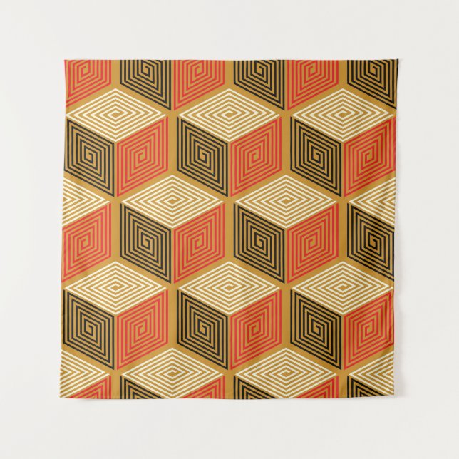 Red Gold Vintage Cube Pattern Tapestry (Front)