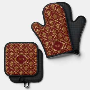 Red Gold Vintage Damask Pattern Monogram Oven Mitt & Pot Holder Set