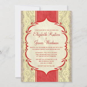 Red =Gold Vintage Linen & Lace Wedding Invitations