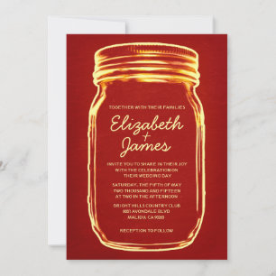 Red & Gold Vintage Mason Jar Wedding Invitations