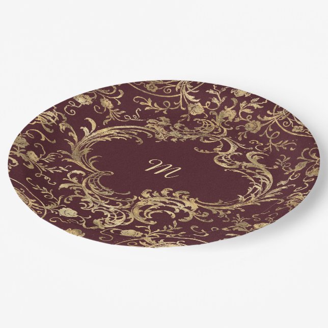 Red gold Vintage Ornate Gold Paper Plate (Angled)