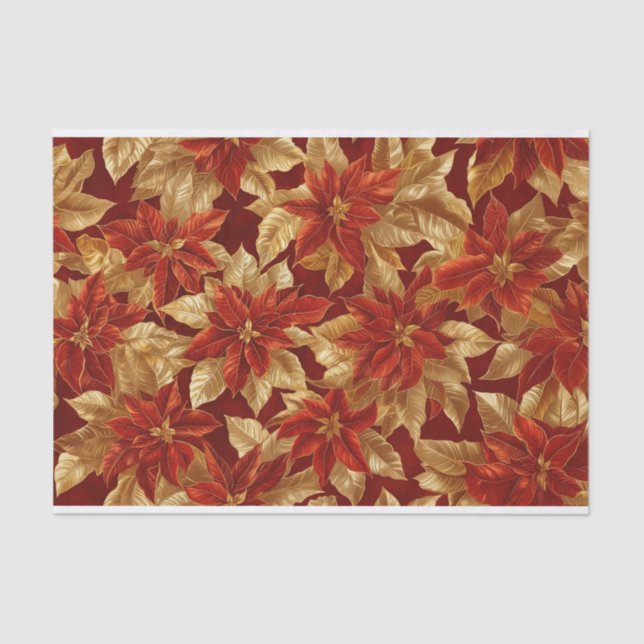 Red Gold Vintage Poinsettias Christmas Tissue Paper (Front)
