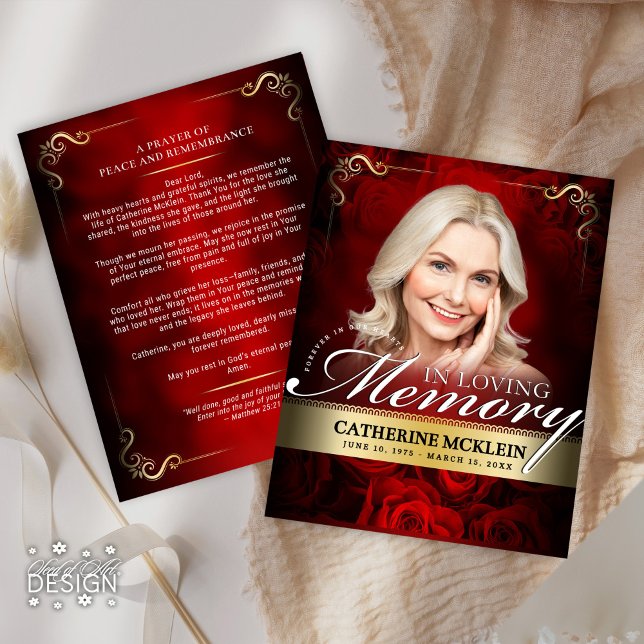Red & Gold Vintage Roses Obituary Prayer Card (Creator Uploaded)