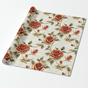 Red Gold Vintage Roses Wrapping Paper